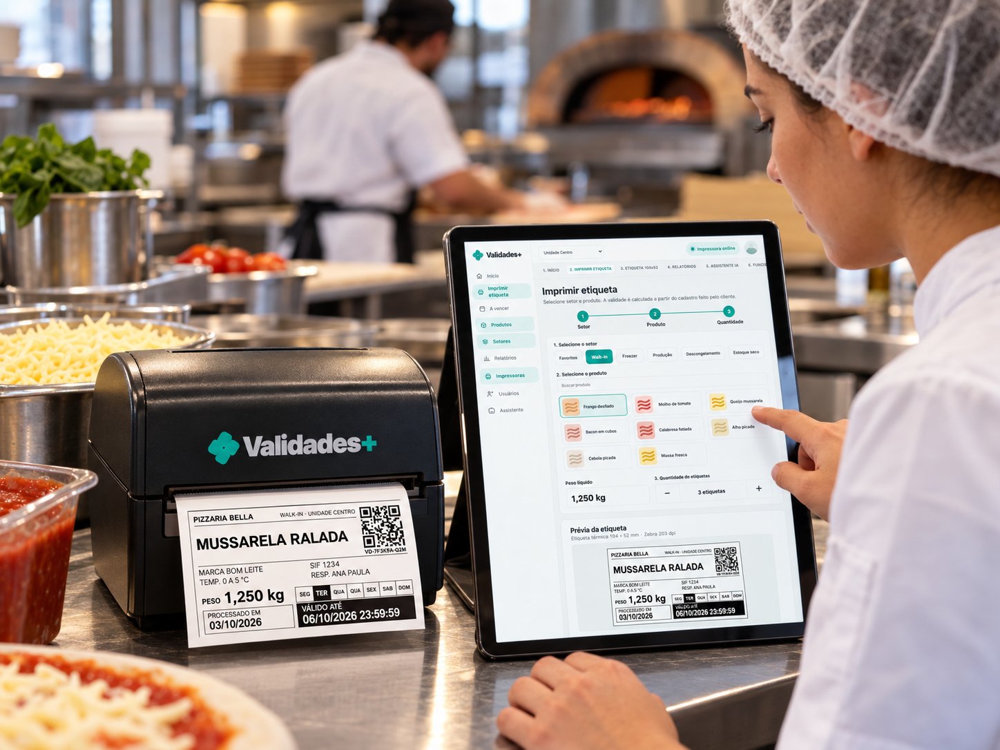 Cozinheira escolhe o produto no tablet e a impressora Validades+ solta a etiqueta